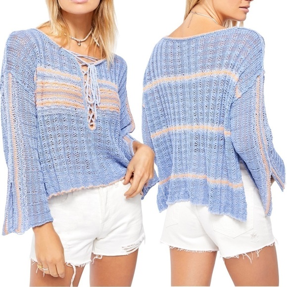 FREE PEOPLE Marina Bay Lace-Up Sweater in Sunset Combo Size Small Bell Sleeve - Picture 5 of 16